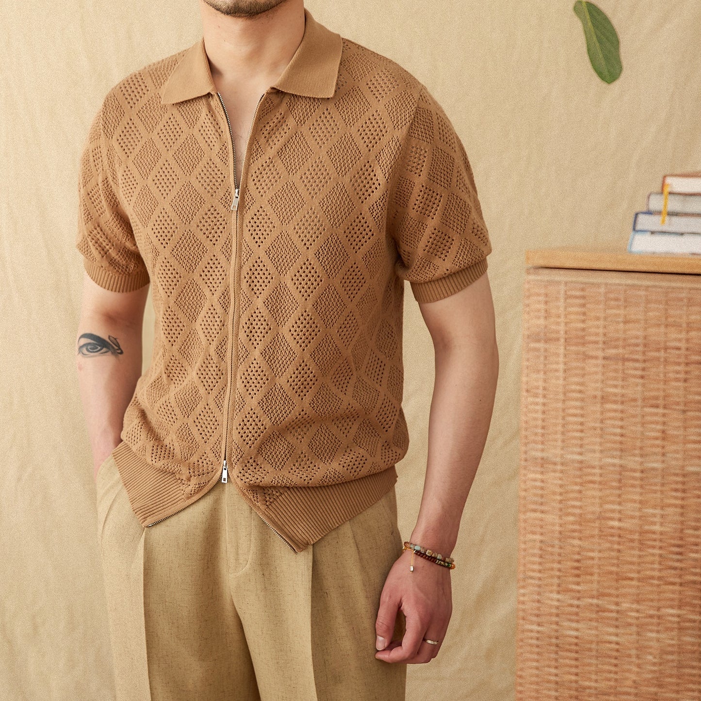 Bomuldsstrik Zip-Poloshirt med hulmønster