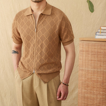 Bomuldsstrik Zip-Poloshirt med hulmønster