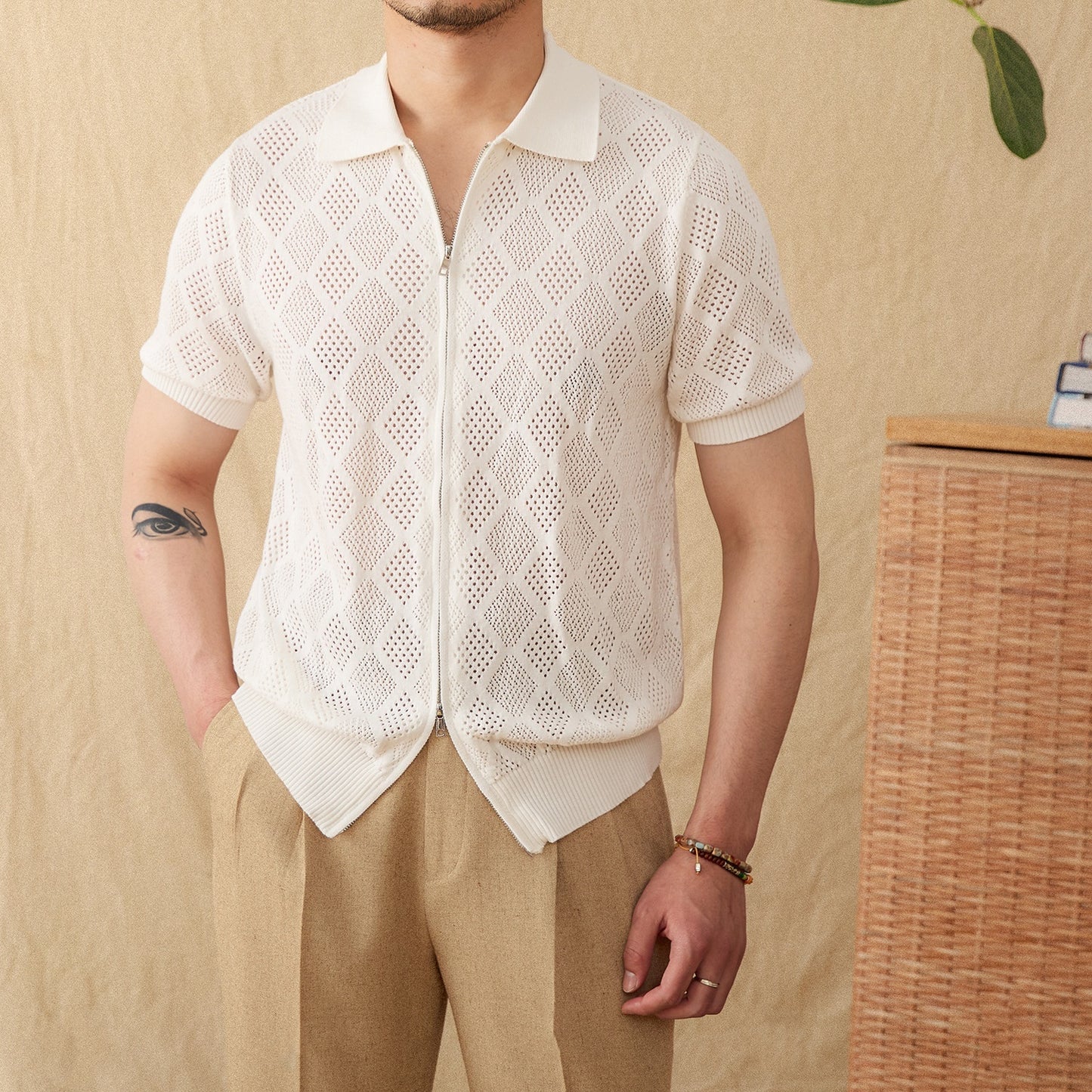Bomuldsstrik Zip-Poloshirt med hulmønster