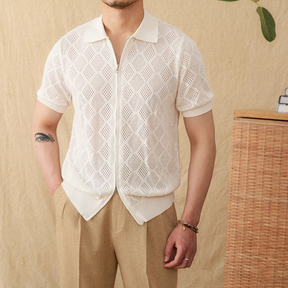 Bomuldsstrik Zip-Poloshirt med hulmønster