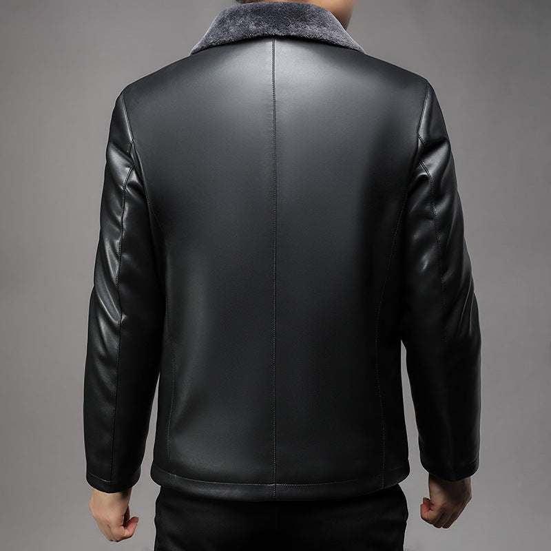 Foret læderfrakke med pelskrave