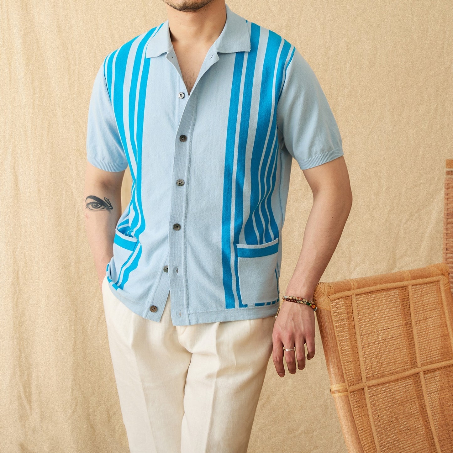 Stribet Strik-Poloshirt