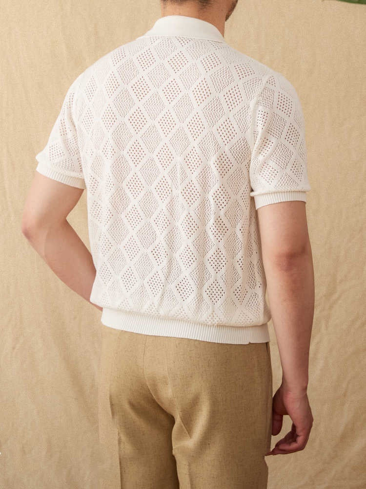 Bomuldsstrik Zip-Poloshirt med hulmønster