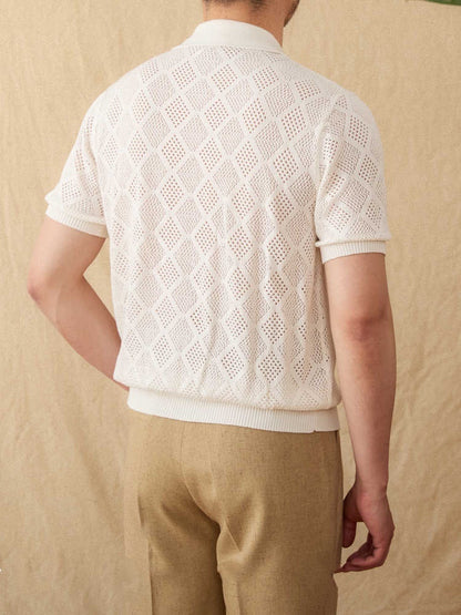 Bomuldsstrik Zip-Poloshirt med hulmønster