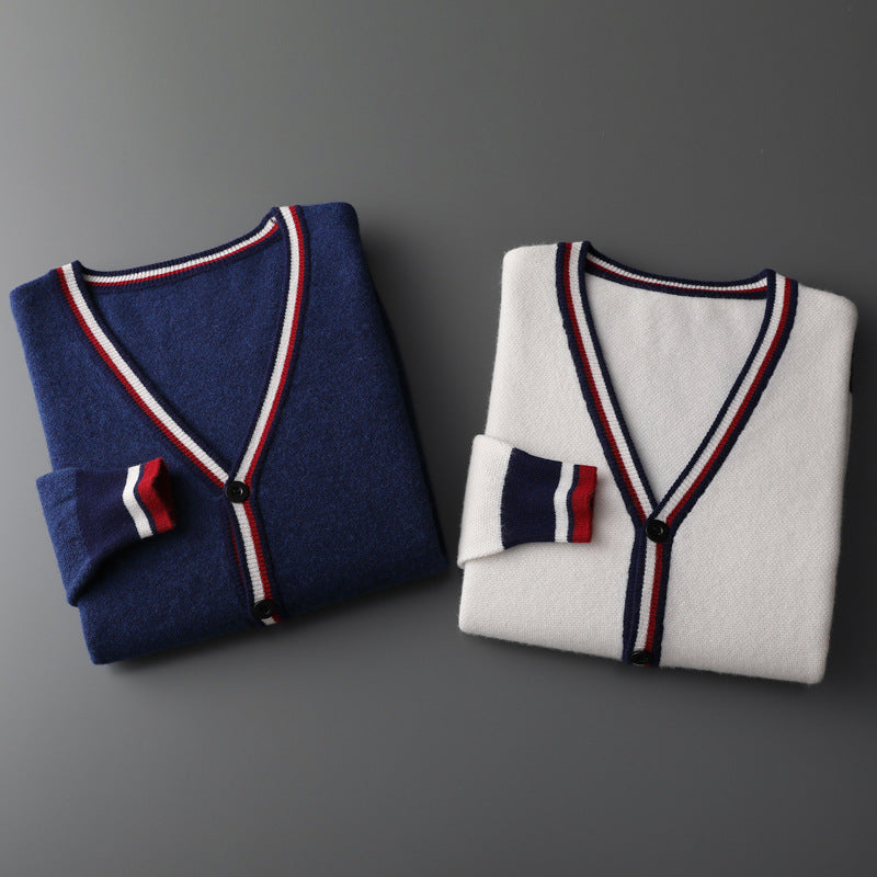 Herre strikcardigan med farvekontrast-striber