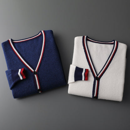 Herre strikcardigan med farvekontrast-striber