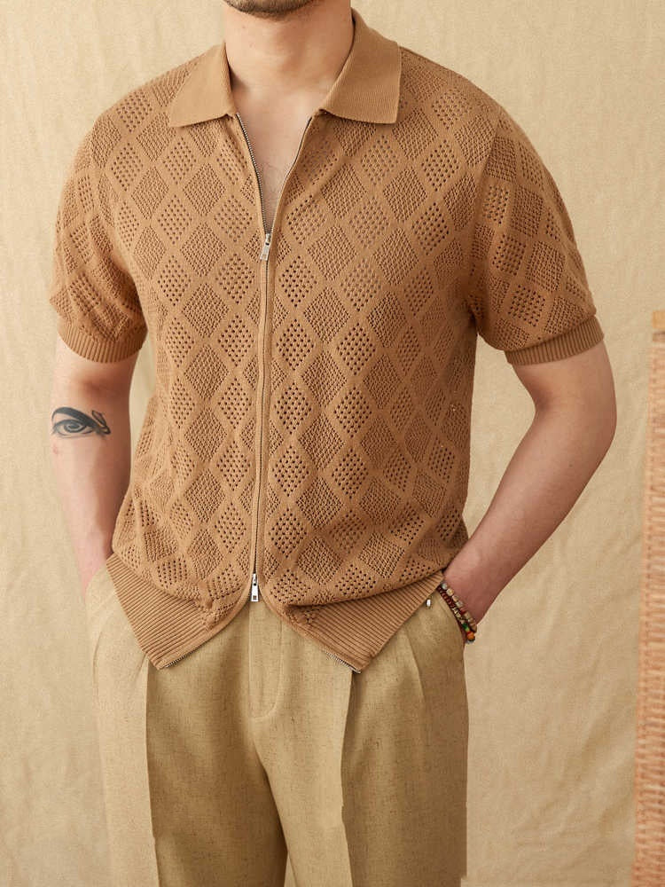 Bomuldsstrik Zip-Poloshirt med hulmønster