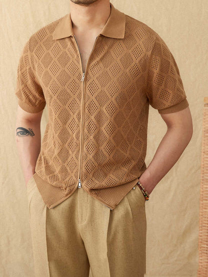 Bomuldsstrik Zip-Poloshirt med hulmønster