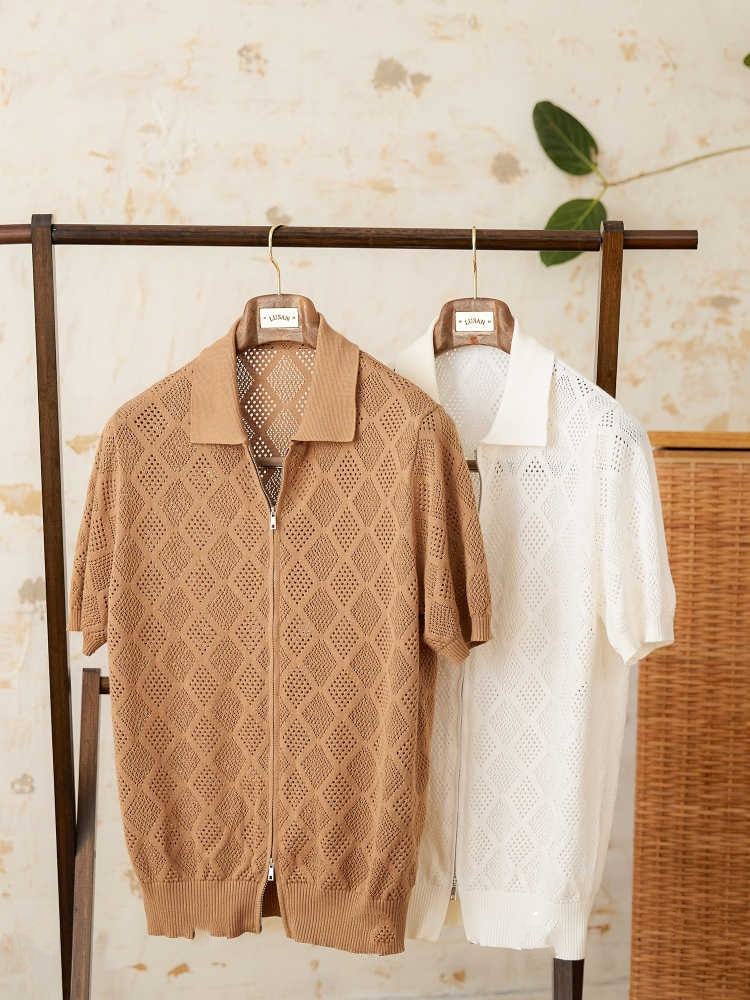 Bomuldsstrik Zip-Poloshirt med hulmønster