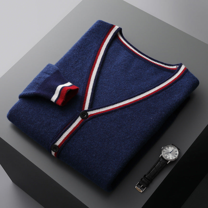 Herre strikcardigan med farvekontrast-striber