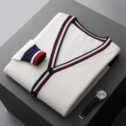 Herre strikcardigan med farvekontrast-striber